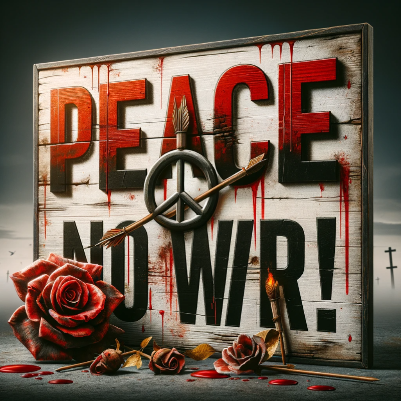 DALL·E 2024-01-12 21.07.29 - A sign with the words 'PEACE, NO WAR!' written in bold, impactful letters. Around the sign, there are realistic illustrations of blood splatters and b.png