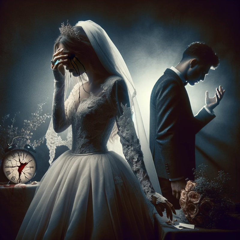 DALL·E 2024-02-01 02.25.03 - Create a dramatic and dark image to convey 'MARRIAGE FAILS IN MODERN SOCIETY.' Visualize a bride in a wedding dress, tears streaming down her face as .png
