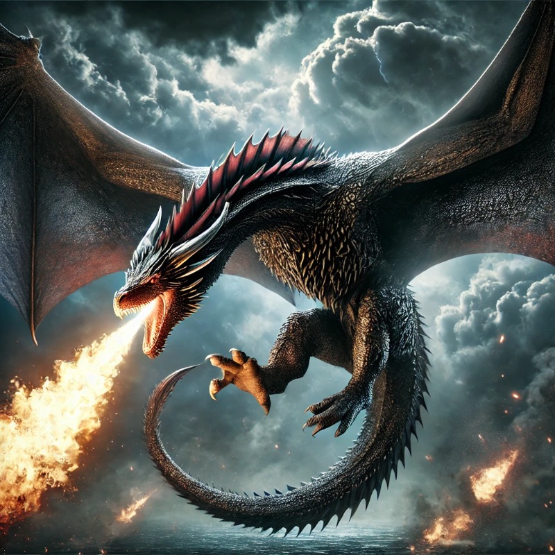 DALL·E 2024-07-13 18.26.34 - A detailed and dynamic image of Drogon, the dragon from Game of Thrones. Show Drogon in mid-flight, his massive wings spread wide, with flames pouring.jpg