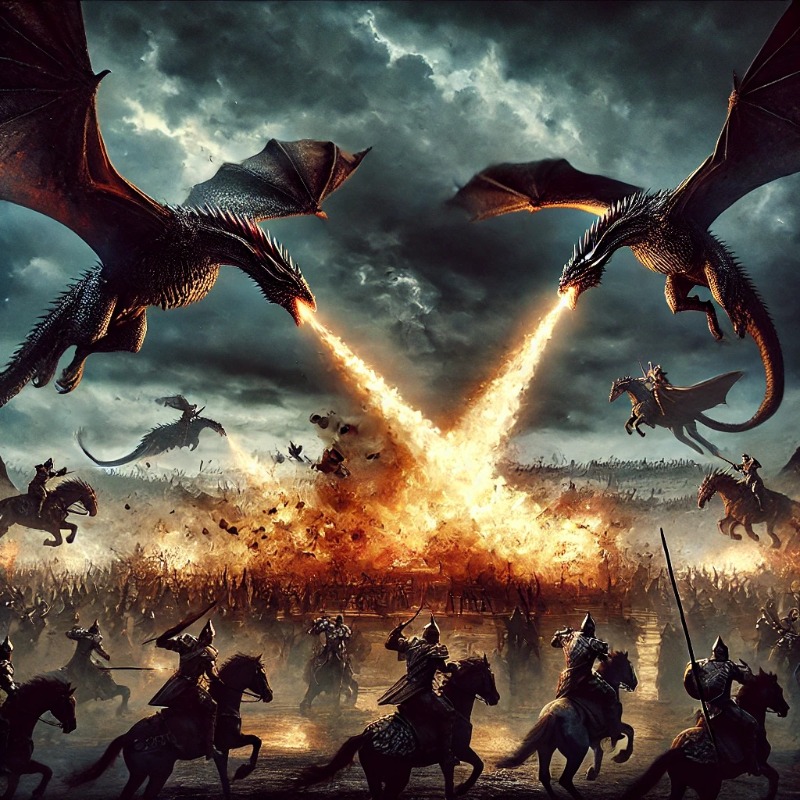 DALL·E 2024-07-13 18.23.33 - A thrilling scene from 'House of the Dragon.' Show a fierce battle between two dragons in mid-air, each ridden by Targaryen dragon riders in full armo.jpg