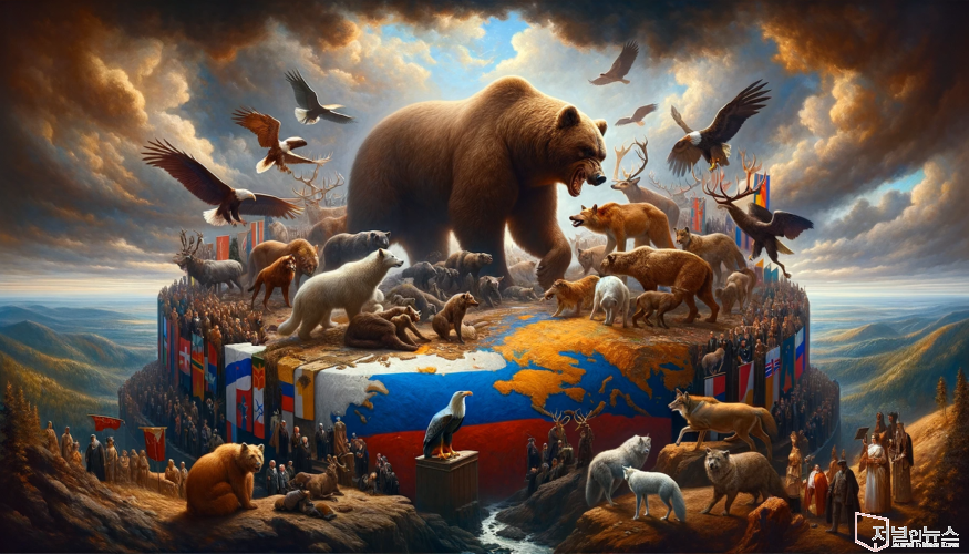 DALL·E 2024-02-01 19.30.53 - An allegorical oil painting depicting the complex relationship between Russia and its neighboring countries. The scene is set in a grand, abstract lan.png