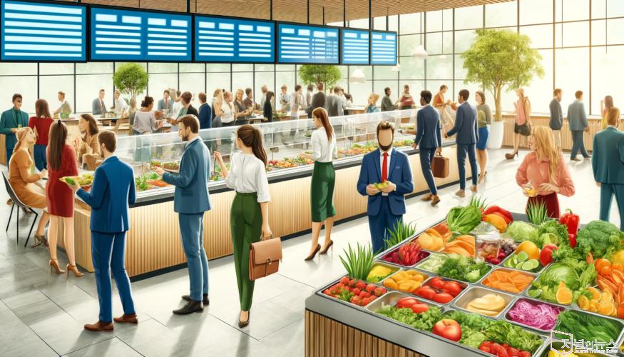 DALL·E 2024-04-24 12.39.14 - A busy office cafeteria scene illustrating a diverse group of office workers choosing healthy meal options. The setting includes a modern cafeteria wi.jpg