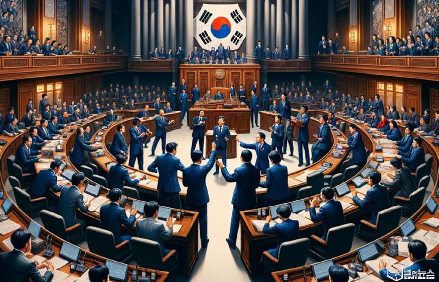 DALL·E 2024-04-29 10.20.41 - A dramatic illustration of a South Korean parliamentary session. The scene is filled with legislators from two opposing parties engaged in a heated de.jpg