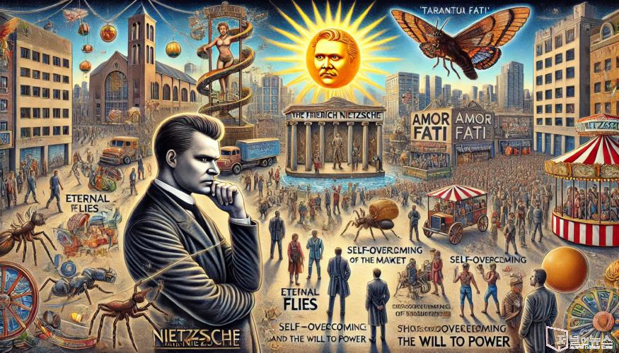 DALL·E 2024-07-08 10.41.51 - A detailed illustration capturing the essence of Friedrich Nietzsche's philosophy and its relevance to modern times. The image features a contemporary.jpg